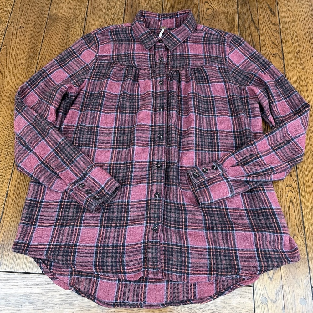 Free People Flannel Shirt Womens Small Plaid Button Up Boho Grunge Flaw